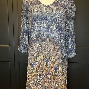 Ecote’ shift multi color dress, size small,  fringed edging